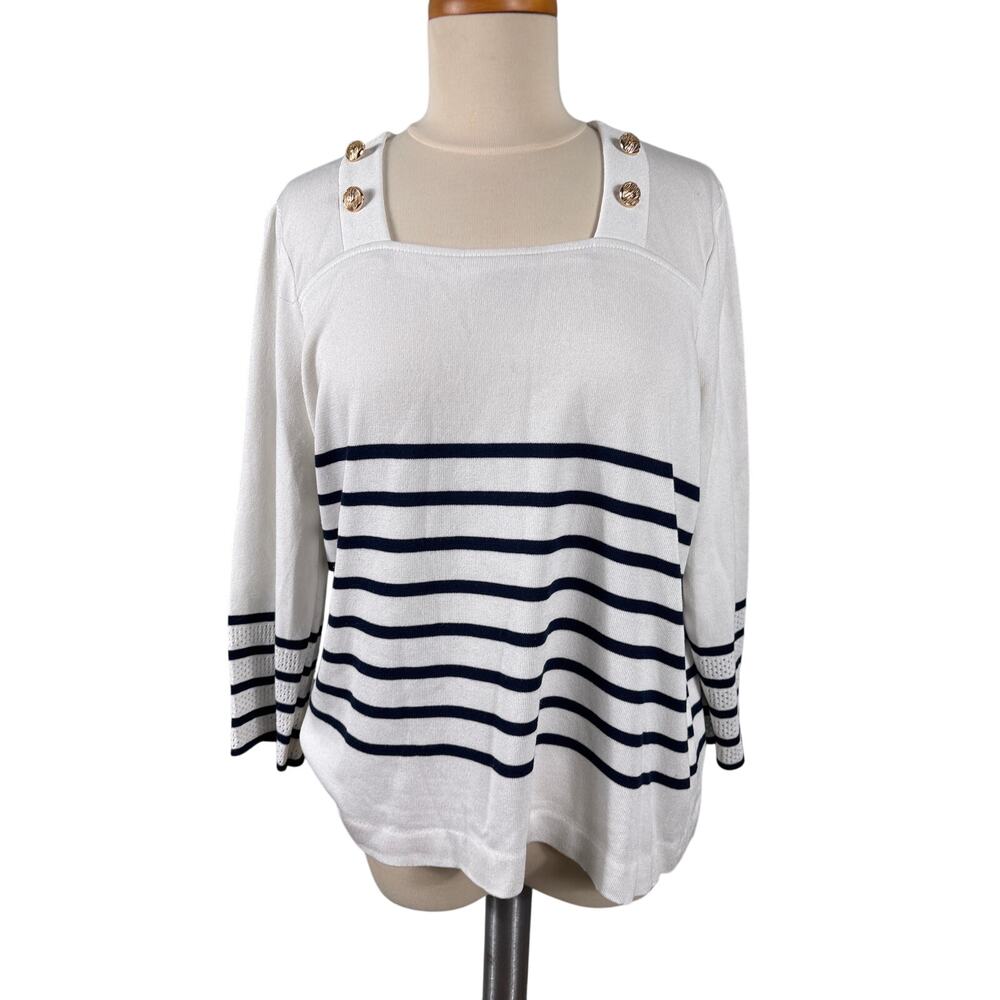 Ming Wang Womens Large White Navy Striped Button Shoulder‎ Square Neck Knit Top